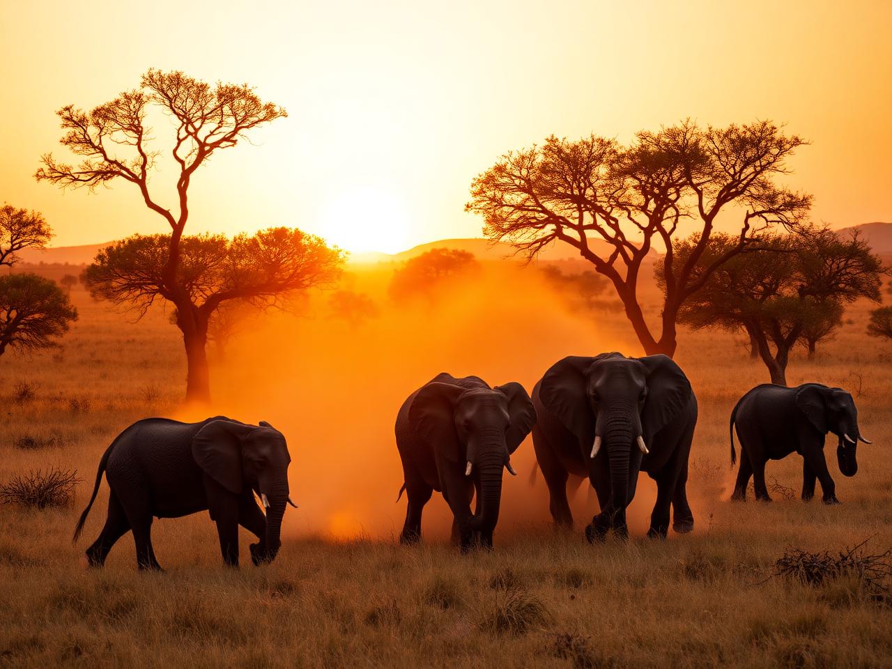 Elephant herd crossing the savannah at dusk