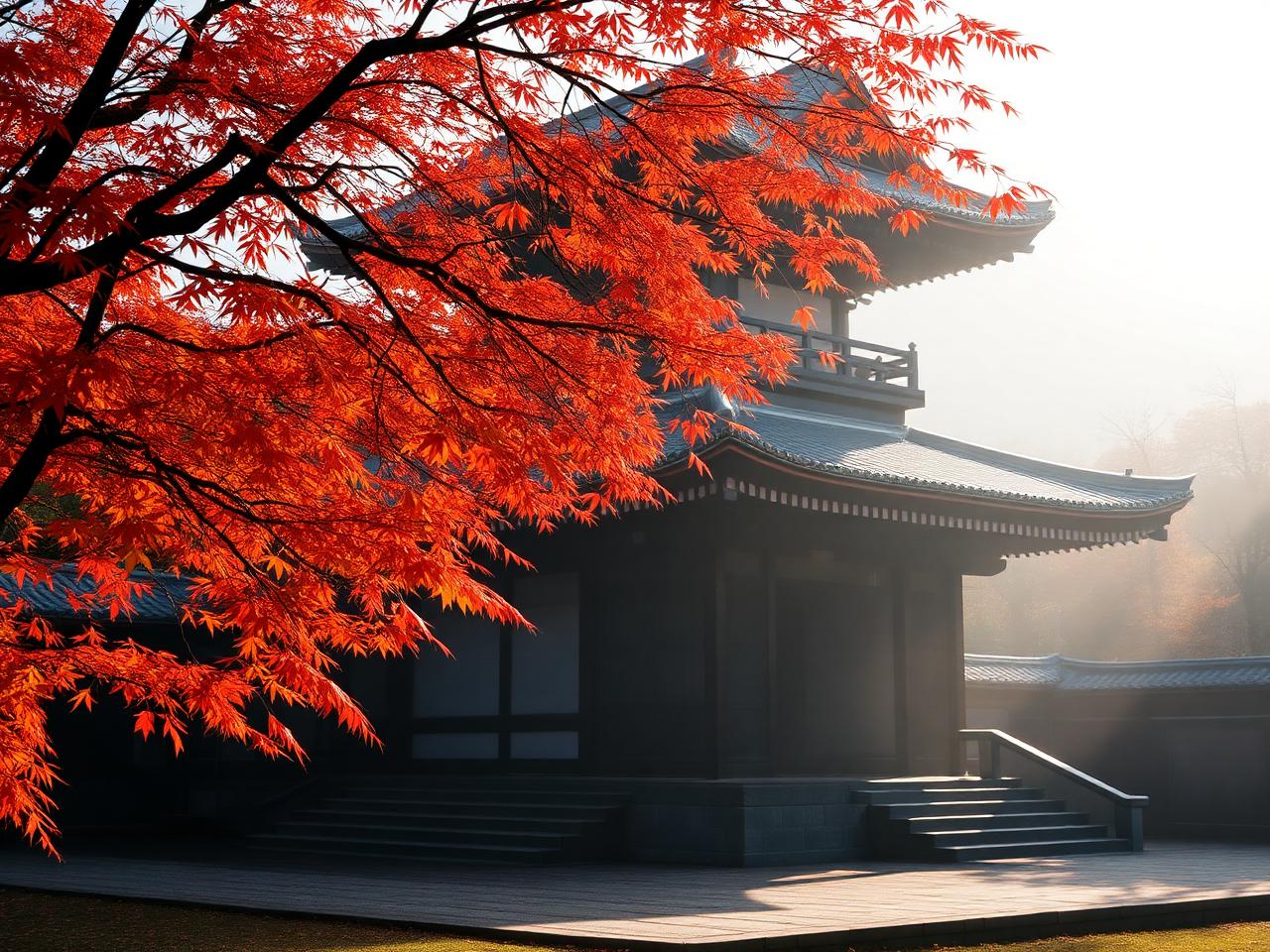 Temple in Kyoto framed by autumn maples