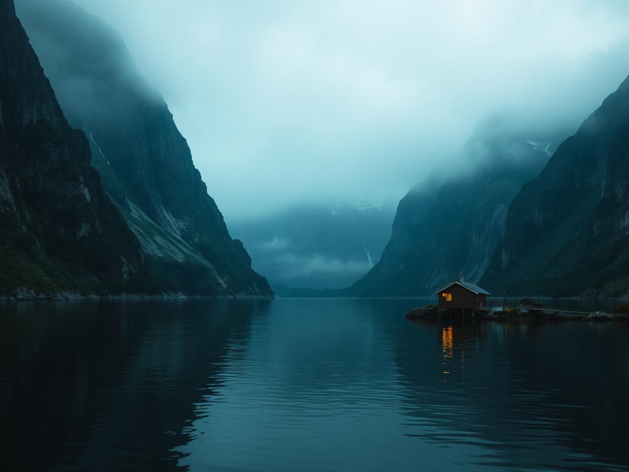 Norwegian fjord under low cloud