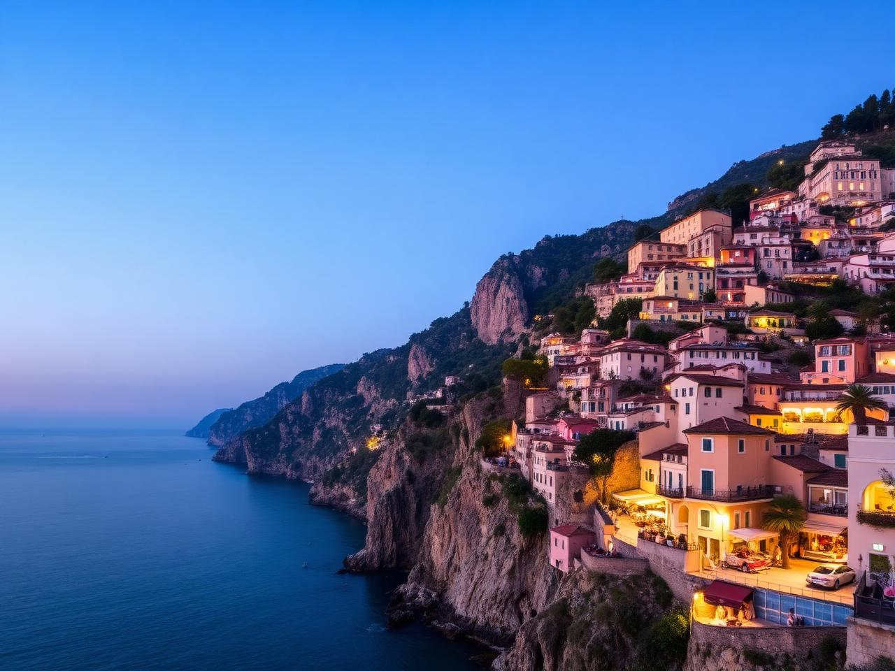 Mediterranean cliffside village at blue hour