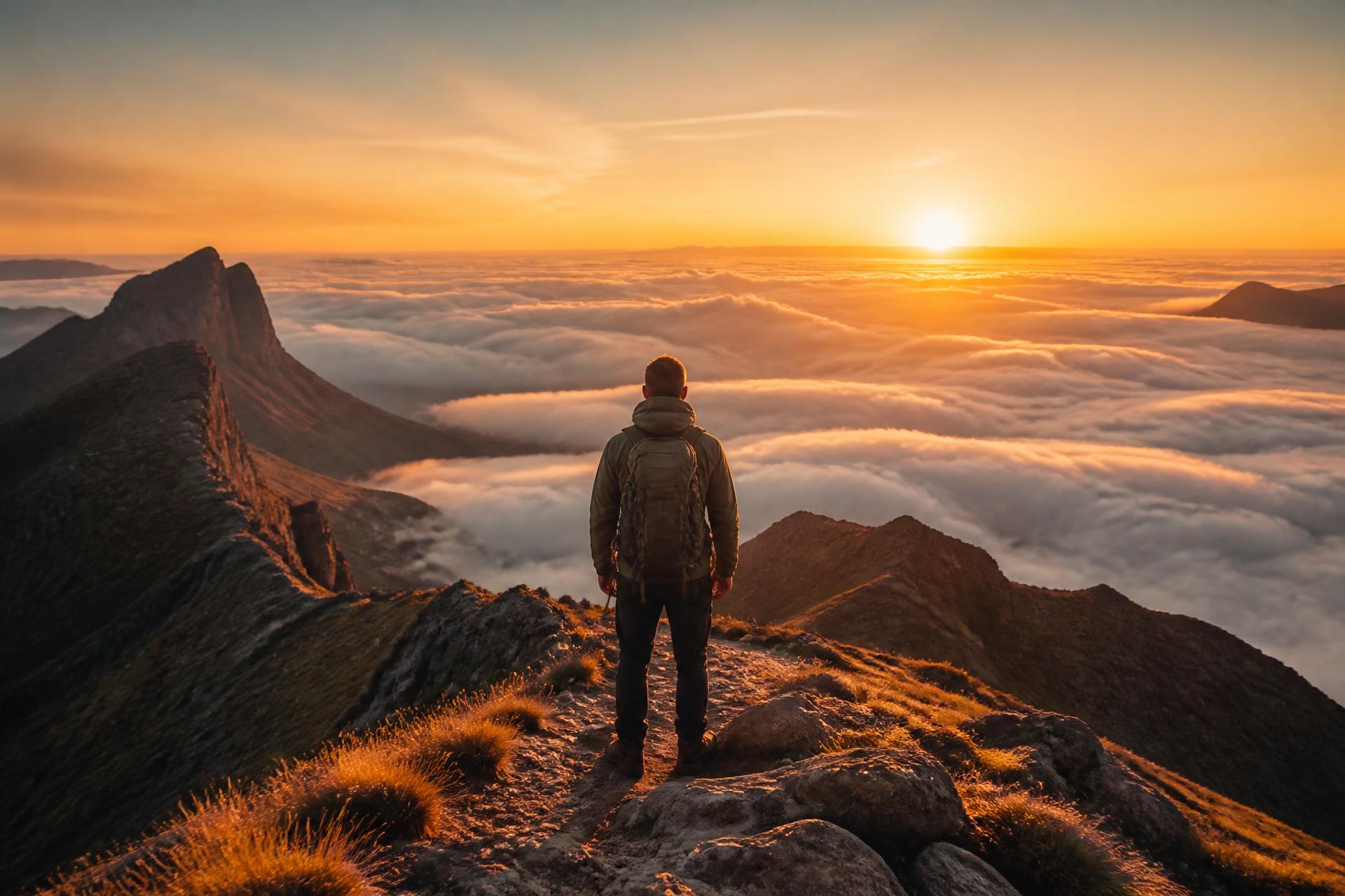 A traveller watching sunrise above a sea of clouds